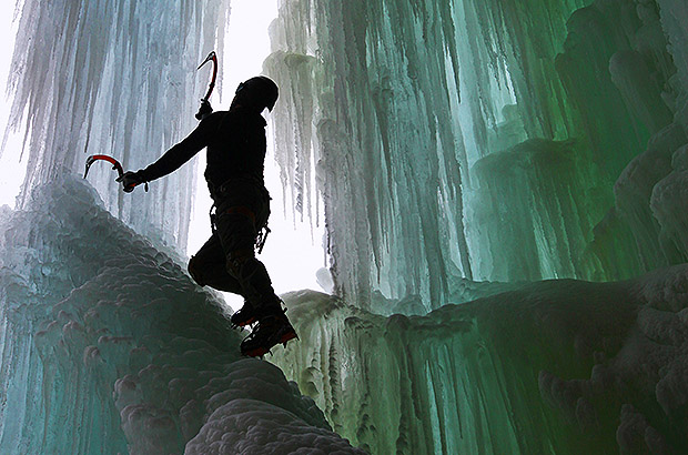 Climbing on the ice cascades during Norway Iceclimbing Course