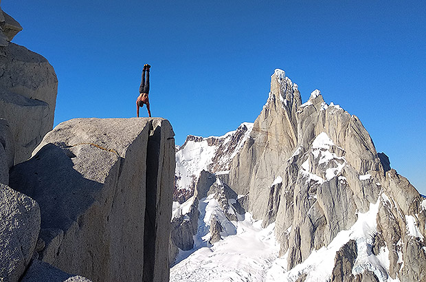 Morning exercise while climbing Fitzroy in Patagonia