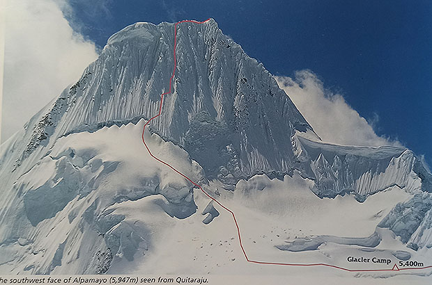 Mount Alpamayo climbing route by the southwest face