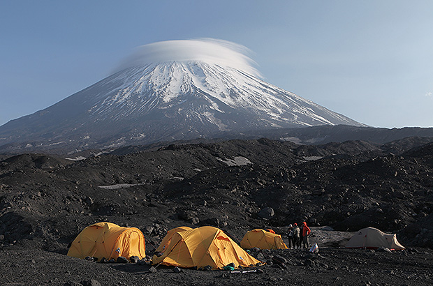 MCS AlexClimb camp at the foot of the volcano Klyuchevskaya Sopka in Kamchatka