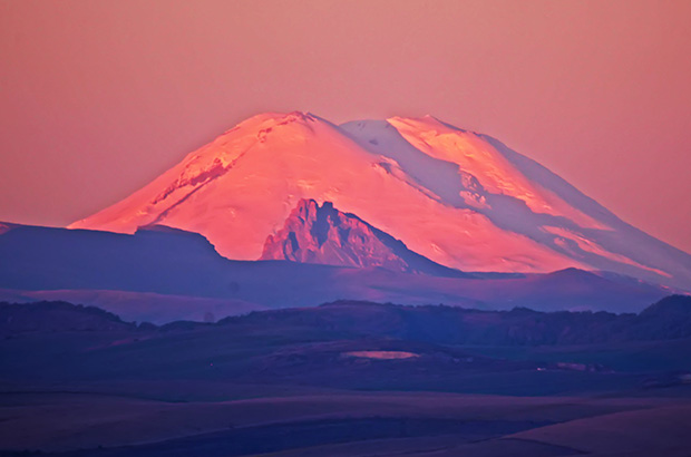 Mount Elbrus at dawn on a clear frosty autumn morning
