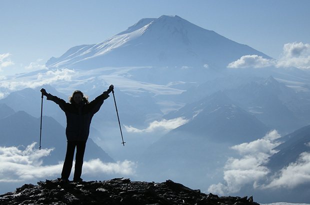 At the top of Mount Andyrchi during acclimatization before climbing Mount Elbrus