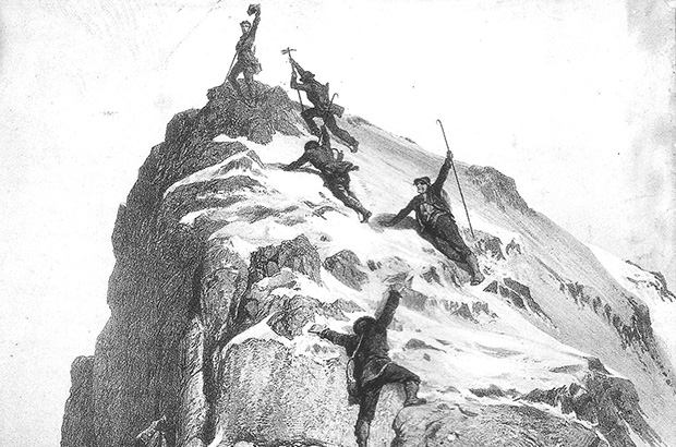 First ascent of Mount Matterhorn on July 14, 1865 by the team led by Edward Whymper (UK) - most part of team died on the descent
