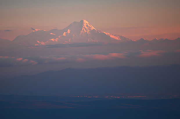 Top of Kazbek at dawn, view from somewhere in Armenia